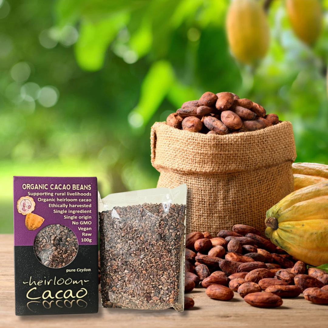 Ceylon Kokonati cacao nibs—box and inner pouch with burlap sack of cocoa beans and cacao pods.